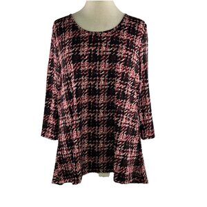 Valerie Stevens Size Large 3/4 Sleeve Round Neck Red Black Plaid Polyester Knit